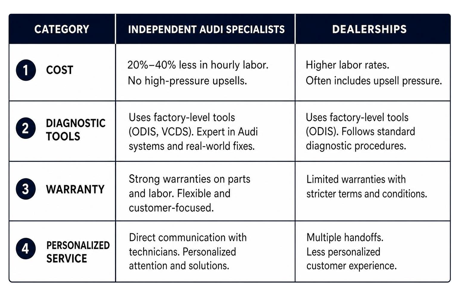 Comparison of Independent Audi Specialists vs. Dealerships on cost, diagnostic tools, warranty, and personalized service Comparison of Independent Audi Specialists vs. Dealerships on cost, diagnostic tools, warranty, and personalized service