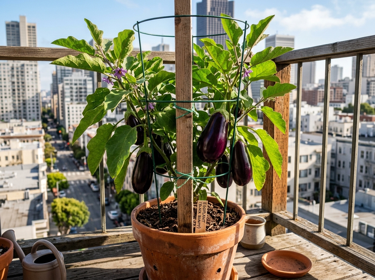 Staked eggplant plant with a tomato cage supporting heavy fruit - balcony garden eggplant care Staked eggplant plant with a tomato cage supporting heavy fruit - balcony garden eggplant care