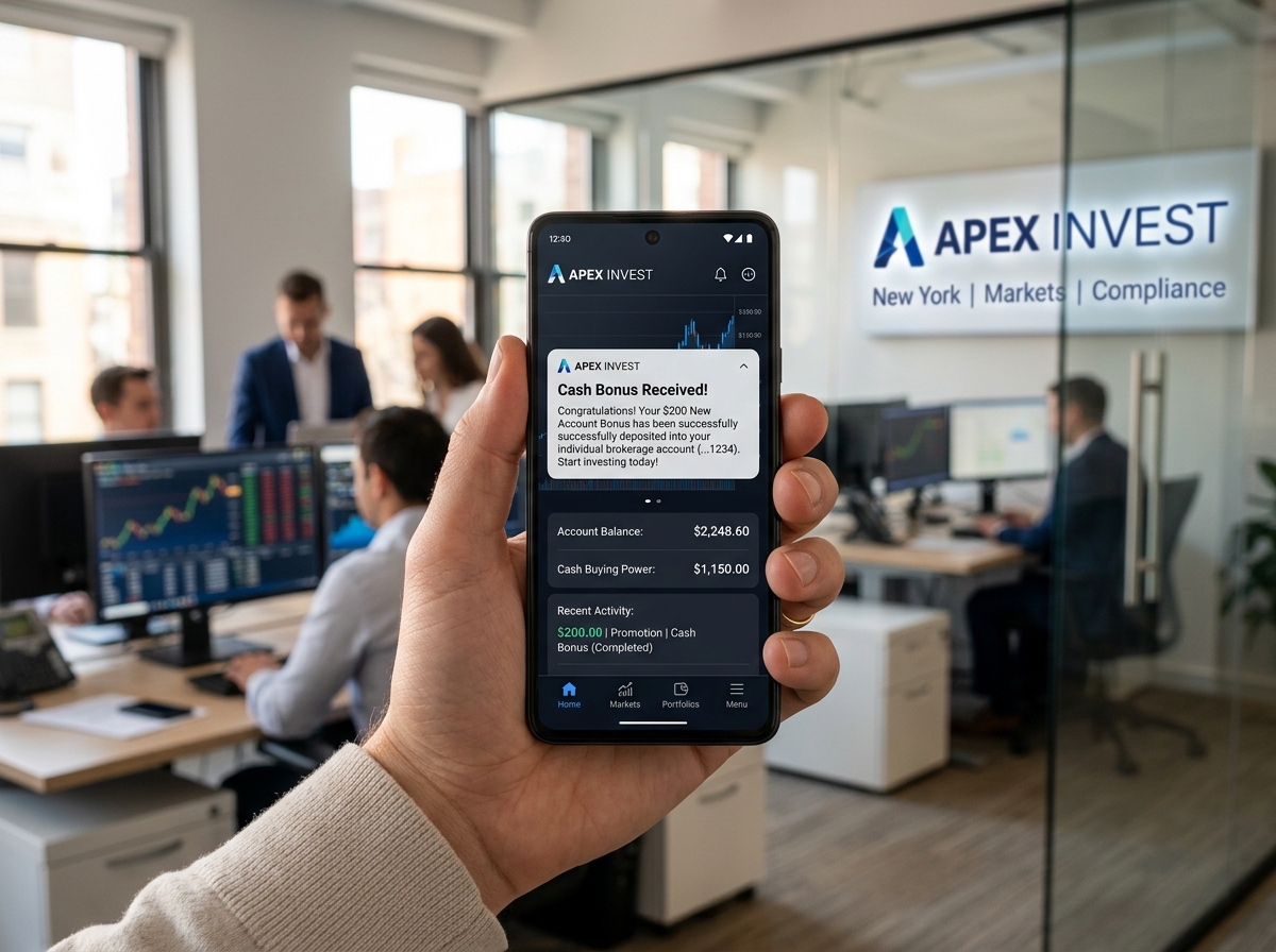 Hand holding a smartphone showing a cash bonus notification for a new brokerage account - discount online trading