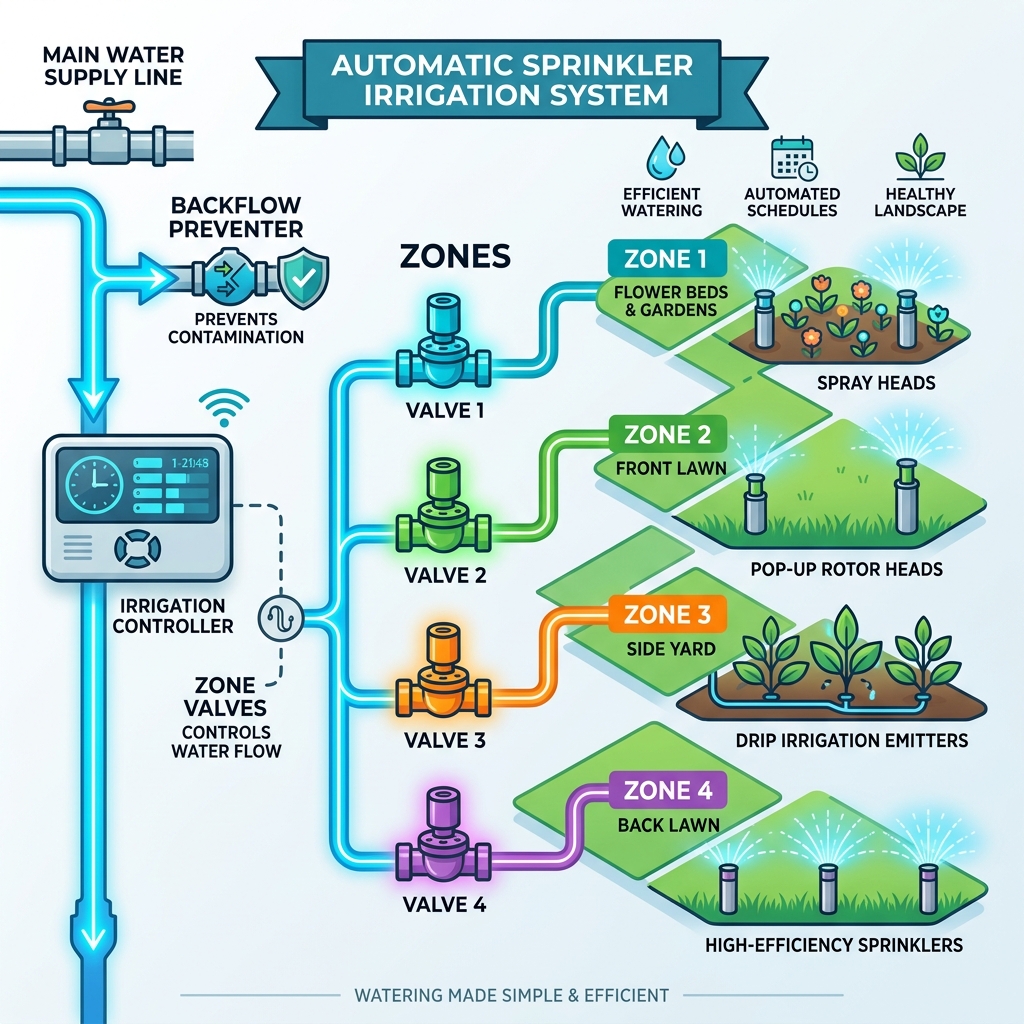 Infographic showing water flow from main supply line through backflow preventer, controller, valves, and zones to sprinkler