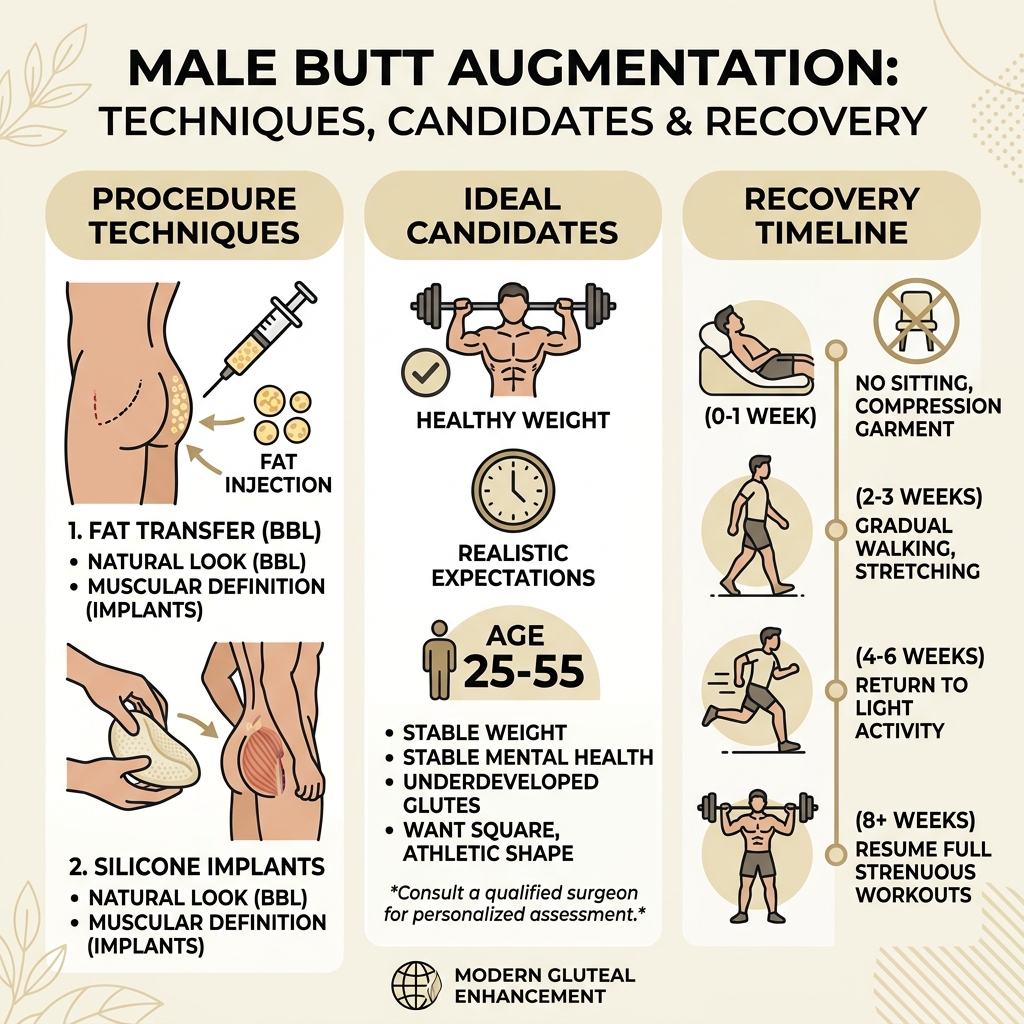 Infographic explaining male butt augmentation process techniques candidates and recovery timeline - butt augmentation men Infographic explaining male butt augmentation process techniques candidates and recovery timeline - butt augmentation men