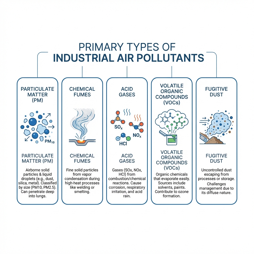 infographic explaining primary types of industrial air pollutants - industrial dust collection dust control infographic 