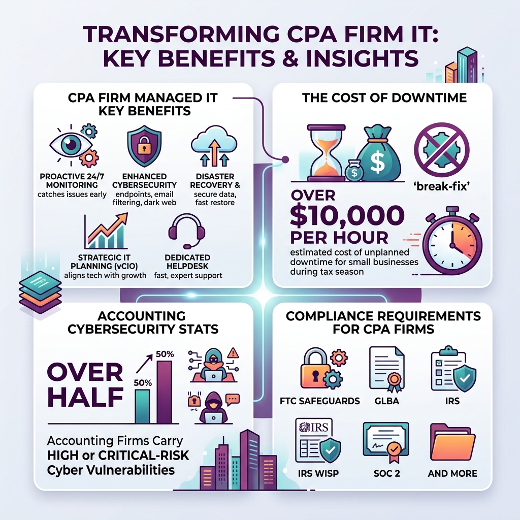 Infographic: CPA firm managed IT key benefits, downtime costs, cybersecurity stats, and compliance requirements - cpa firm Infographic: CPA firm managed IT key benefits, downtime costs, cybersecurity stats, and compliance requirements - cpa firm