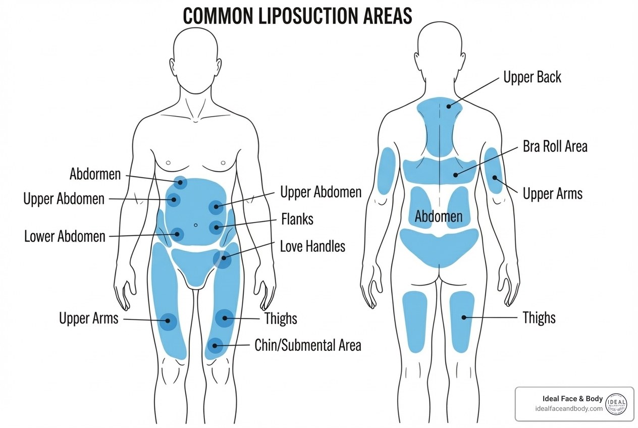 Diagram showing common liposuction treatment areas including the abdomen, thighs, arms, and chin - Liposuction Cost Beverly Hills Diagram showing common liposuction treatment areas including the abdomen, thighs, arms, and chin - Liposuction Cost Beverly Hills