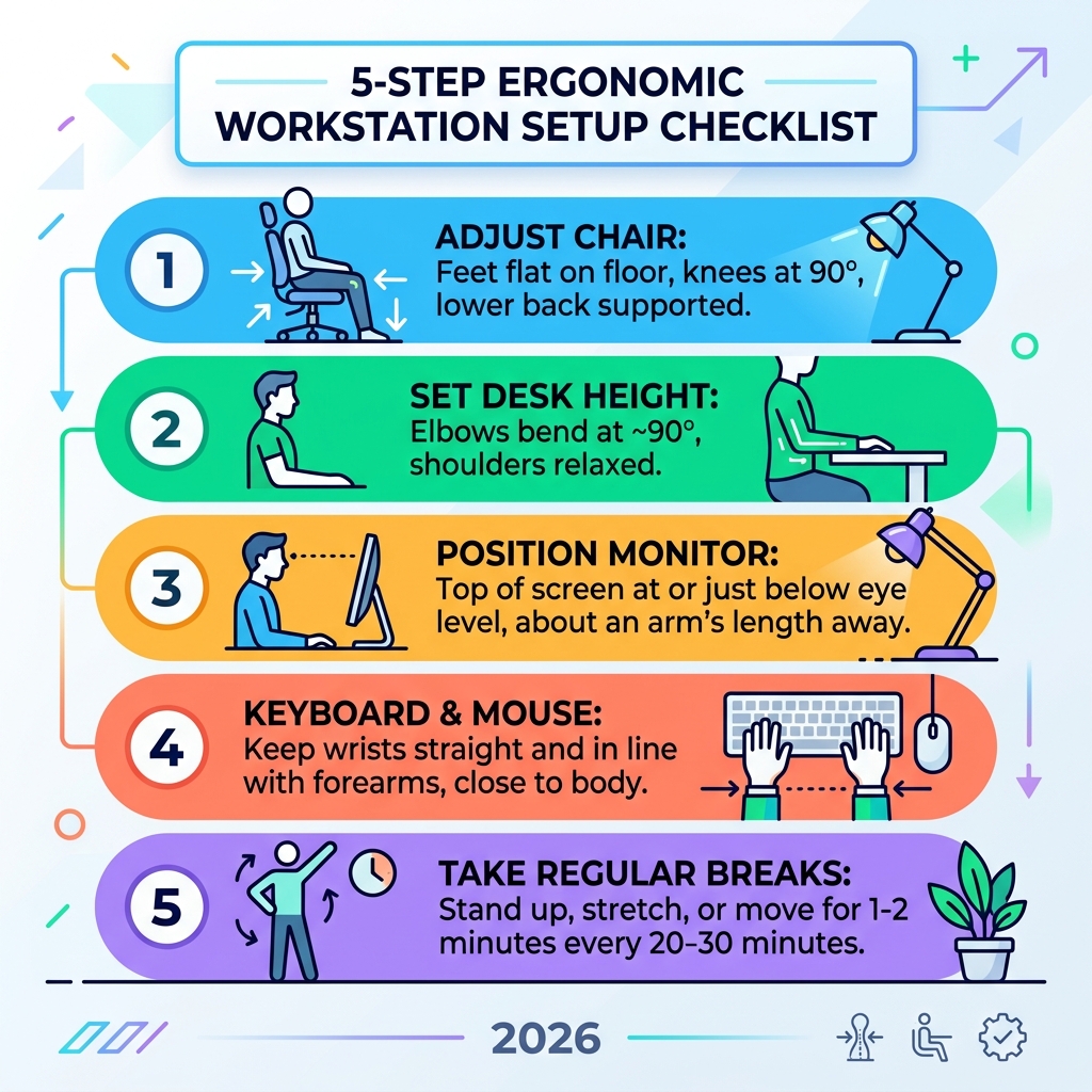 5-step ergonomic workstation setup checklist infographic - how to set up workstation ergonomically infographic 5-step ergonomic workstation setup checklist infographic - how to set up workstation ergonomically infographic