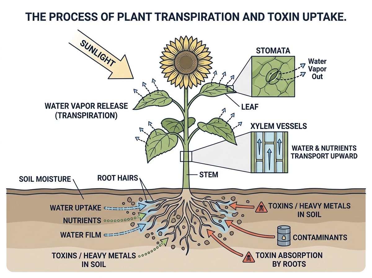 Scientific diagram showing plant transpiration and toxin absorption - air cleaning plants for bedroom