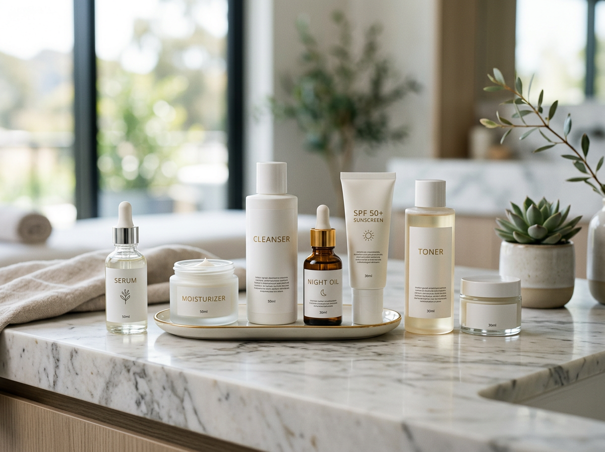 medical-grade skincare products arranged on a marble counter
