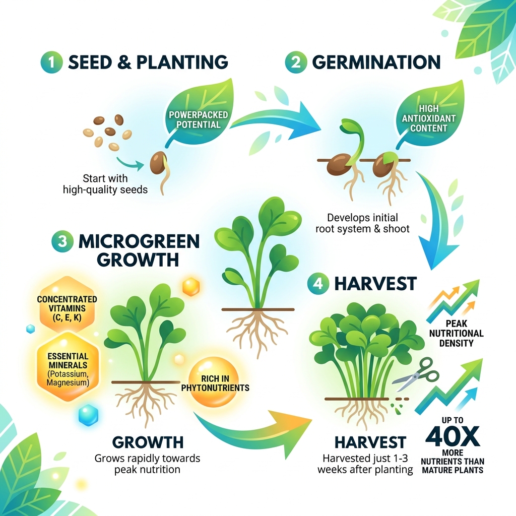 Infographic showing microgreen growth cycle from seed to harvest with nutrient highlights - nutrient dense microgreen