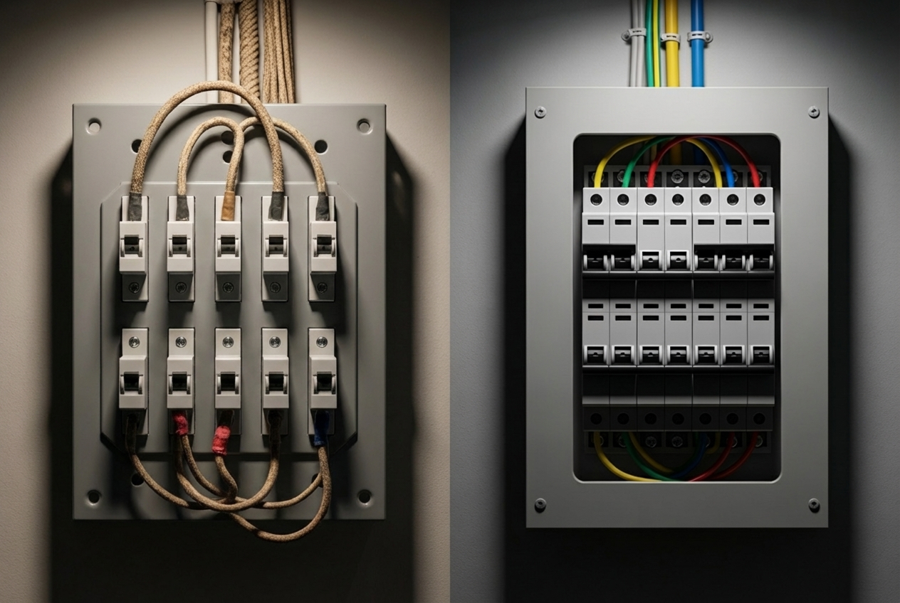 old rusty fuse box vs modern circuit breaker panel - electric panel for house old rusty fuse box vs modern circuit breaker panel - electric panel for house