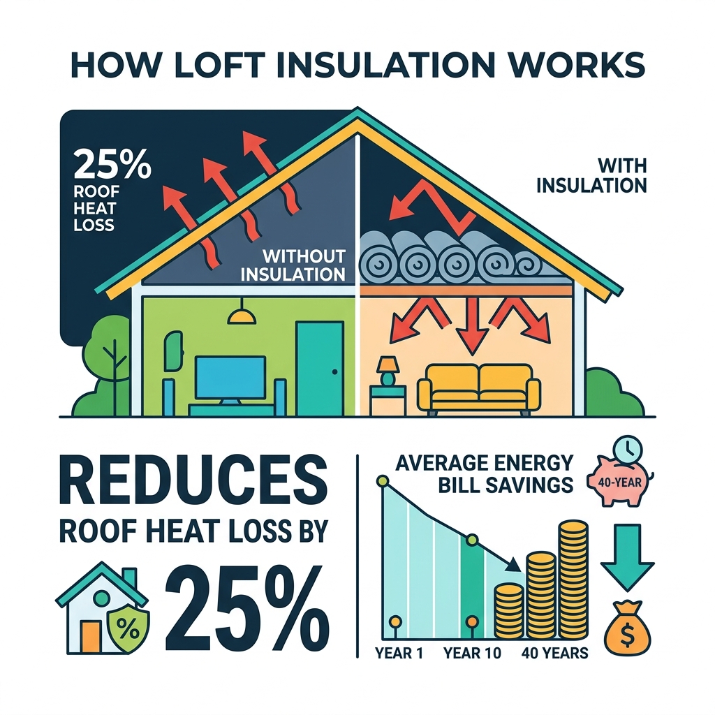 Infographic showing how loft insulation traps heat, reduces 25% roof heat loss, and saves on energy bills over 40 years