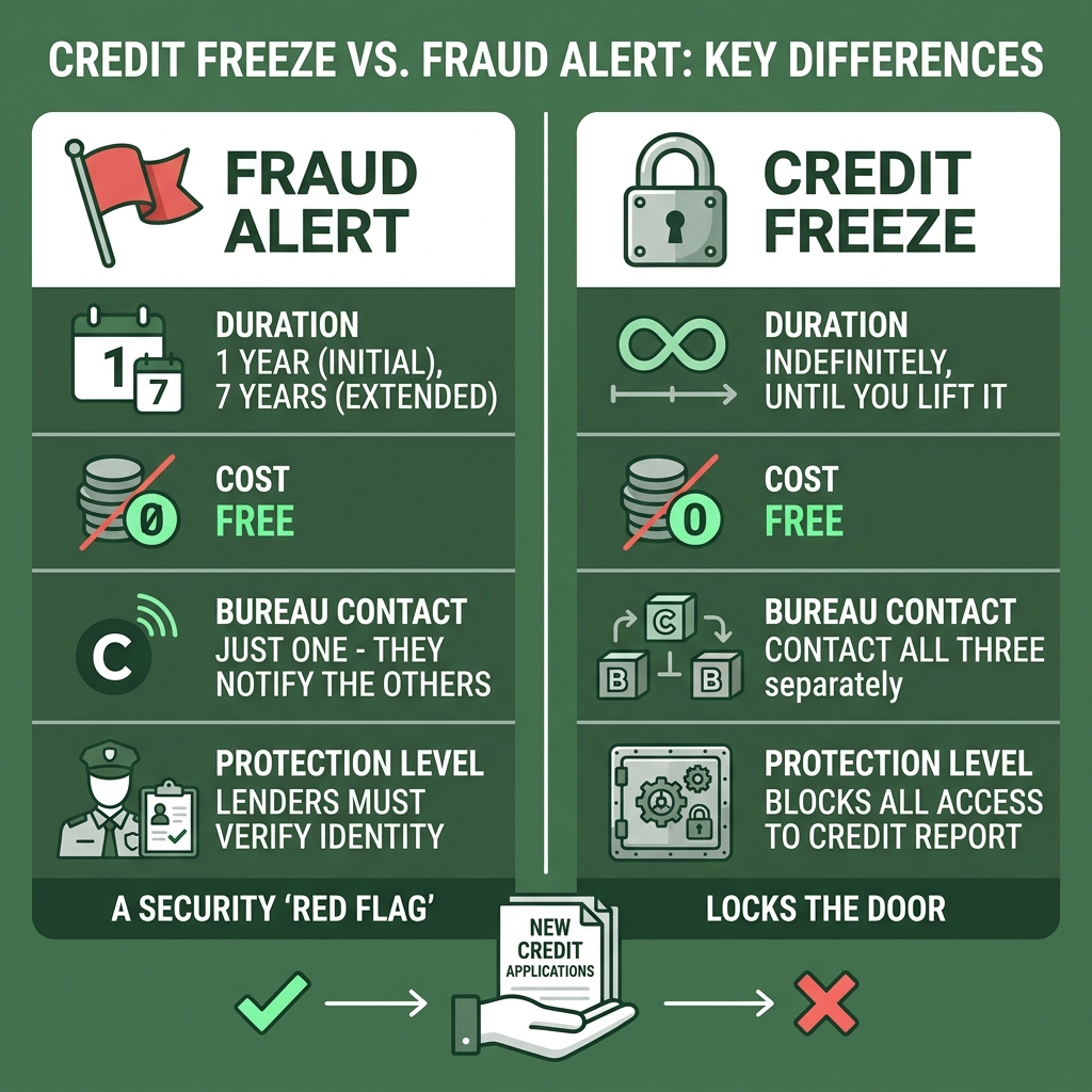Infographic showing key differences between credit freeze and fraud alert including duration, cost, bureau contact, and