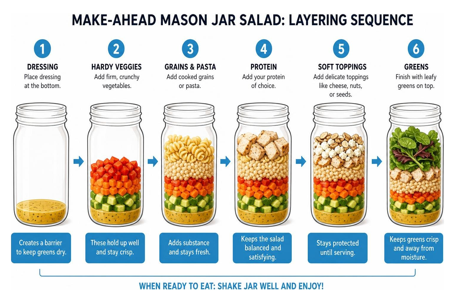 A step-by-step diagram showing the correct layering sequence for a make-ahead mason jar salad A step-by-step diagram showing the correct layering sequence for a make-ahead mason jar salad