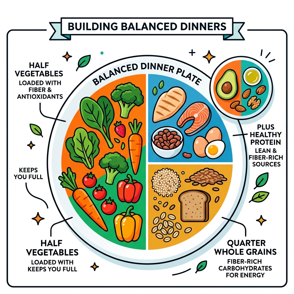 Plate Method infographic showing half vegetables, quarter protein, quarter grains, plus healthy fats for balanced dinners Plate Method infographic showing half vegetables, quarter protein, quarter grains, plus healthy fats for balanced dinners