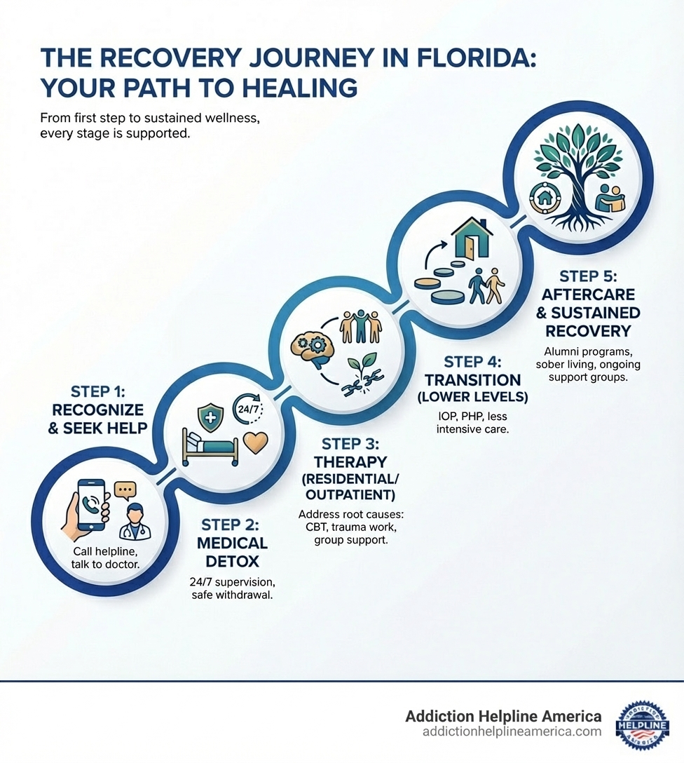 Infographic showing the recovery journey: Step 1 - Recognize the problem and seek help (call helpline, talk to doctor); Step 2 - Medical detox with 24/7 supervision to safely manage withdrawal; Step 3 - Residential or outpatient therapy addressing root causes through CBT, trauma work, and group support; Step 4 - Transition to lower levels of care like IOP or PHP; Step 5 - Aftercare including alumni programs, sober living, and ongoing support groups for sustained recovery - Rehab in Florida infographic 