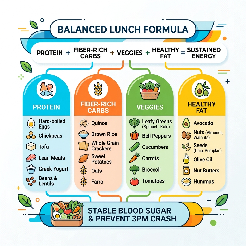 Balanced lunch formula: Protein + Fiber-Rich Carbs + Veggies + Healthy Fat with examples for each - healthy meal ideas for Balanced lunch formula: Protein + Fiber-Rich Carbs + Veggies + Healthy Fat with examples for each - healthy meal ideas for