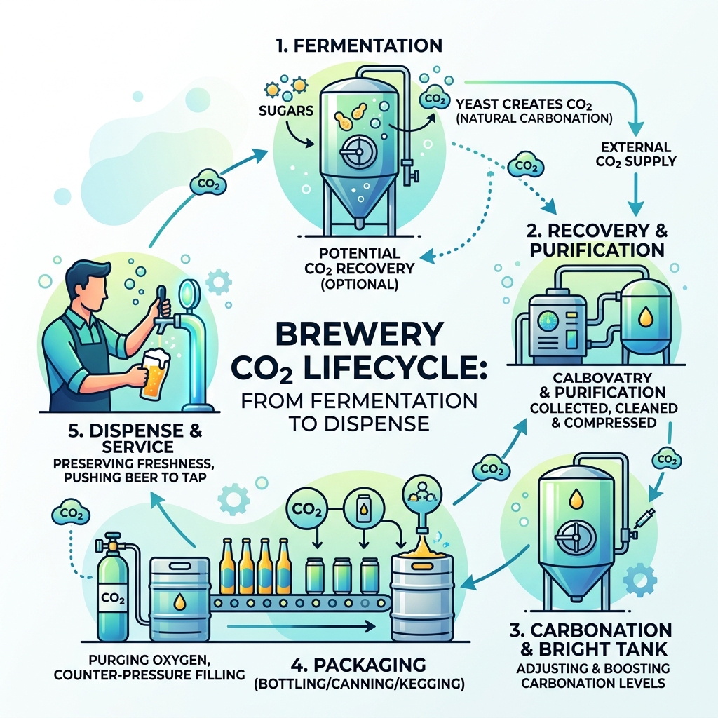 CO2 lifecycle infographic from fermentation through carbonation, packaging, and dispense - Brewery CO2 needs infographic 
