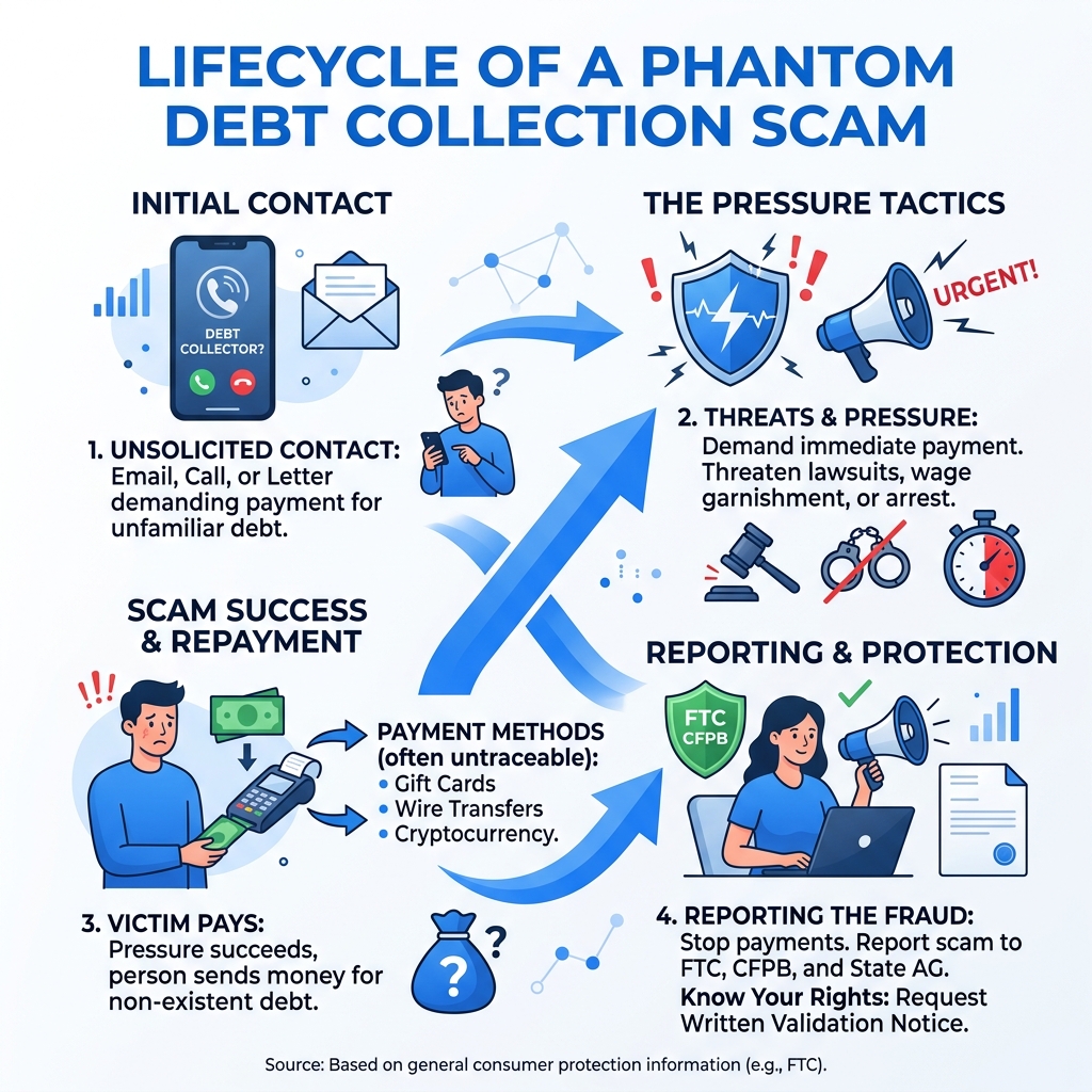 Lifecycle of a phantom debt collection scam from first contact to victim payment and reporting - phantom debt collection Lifecycle of a phantom debt collection scam from first contact to victim payment and reporting - phantom debt collection