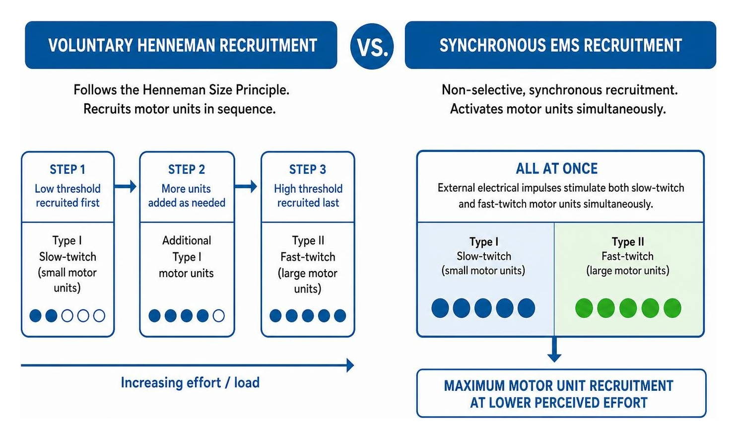 Voluntary Henneman recruitment versus synchronous EMS recruitment
