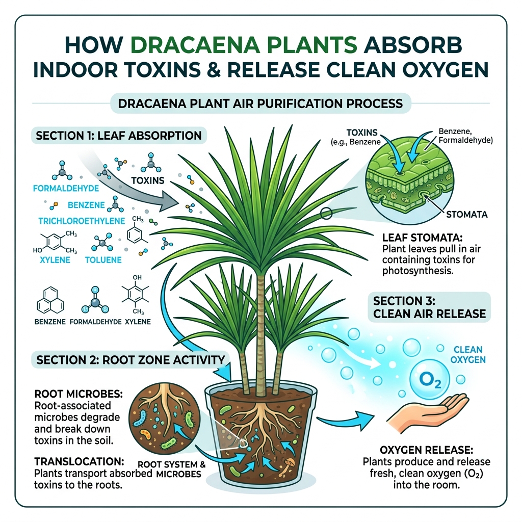 Infographic showing how Dracaena plants absorb indoor toxins through leaves and roots and release clean oxygen - dracaena