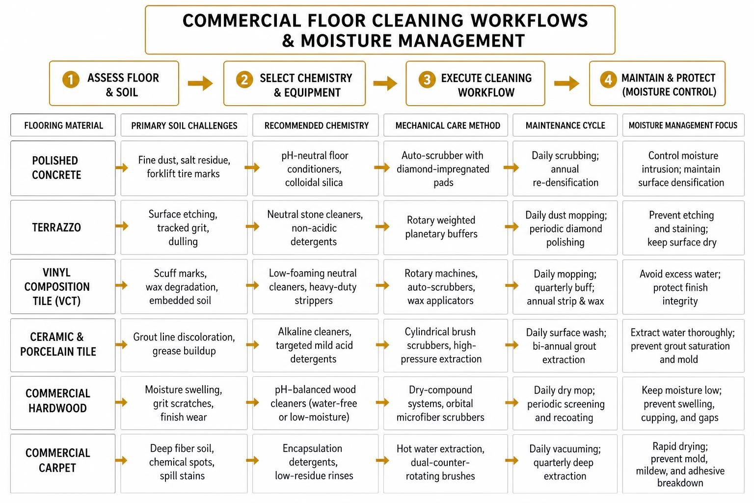 Commercial floor cleaning workflows and moisture management