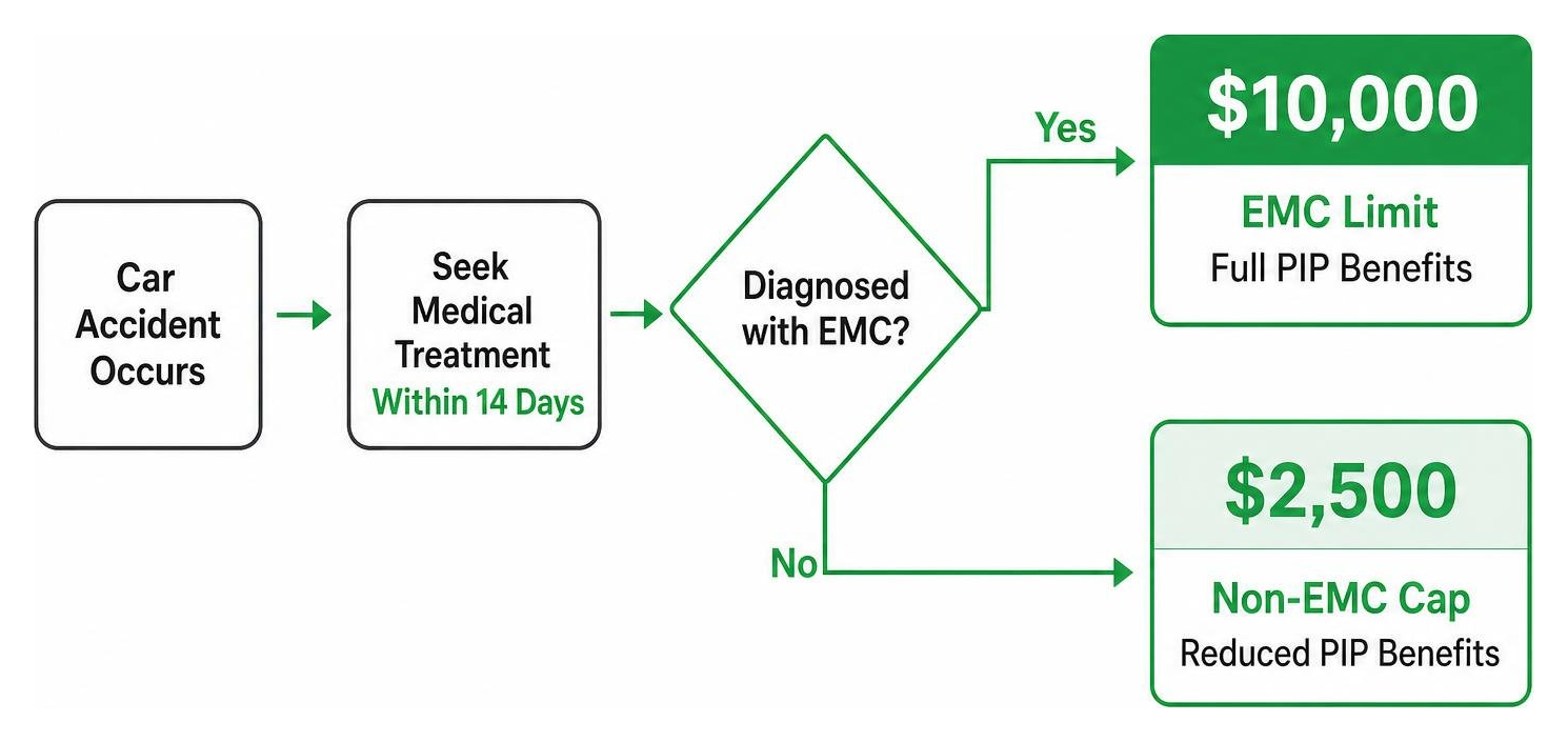 Process diagram showing how seeking treatment within 14 days leads to either a $2,500 non-EMC cap or a $10,000 EMC limit Process diagram showing how seeking treatment within 14 days leads to either a $2,500 non-EMC cap or a $10,000 EMC limit
