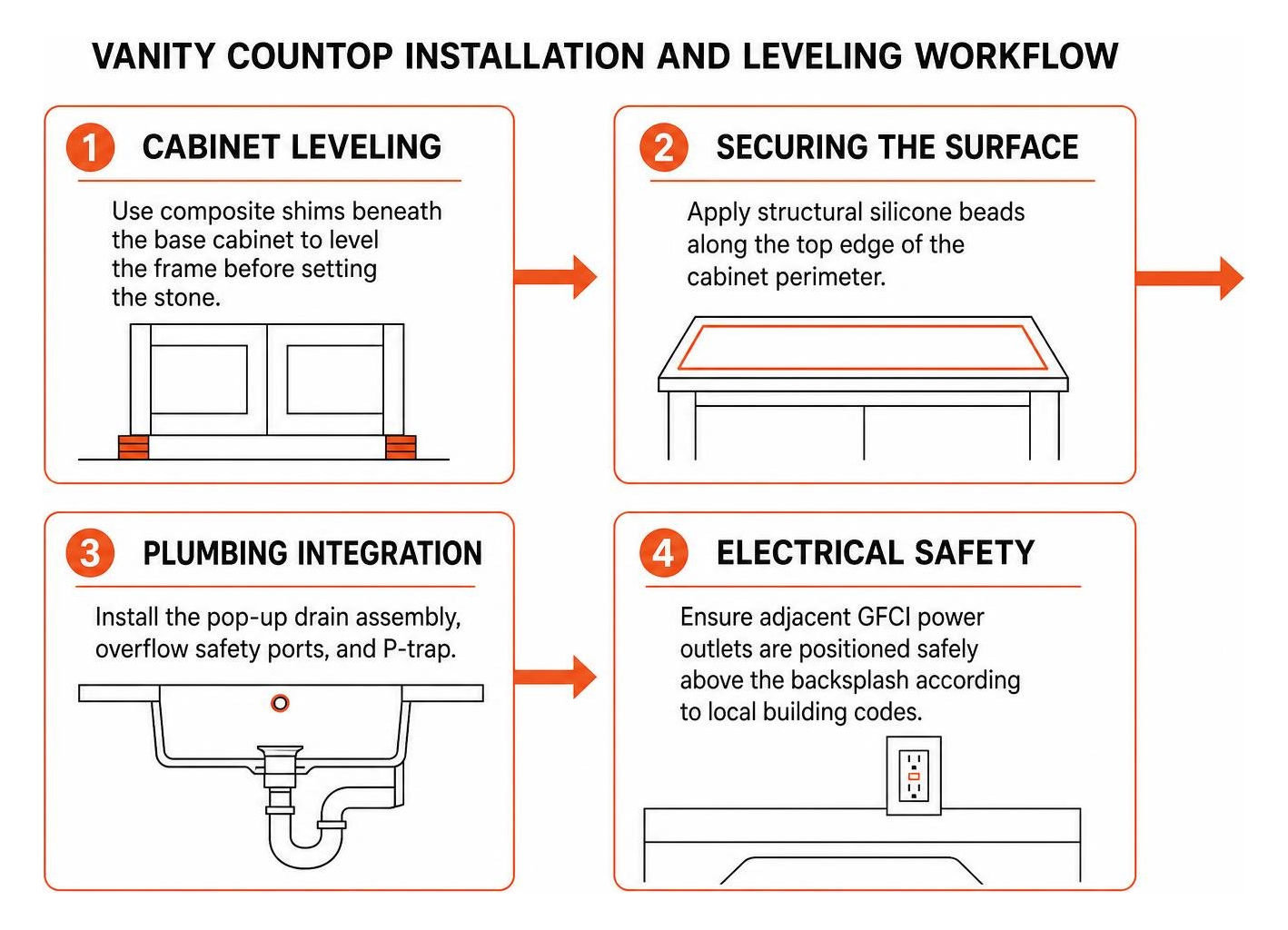 Vanity countertop installation and leveling workflow