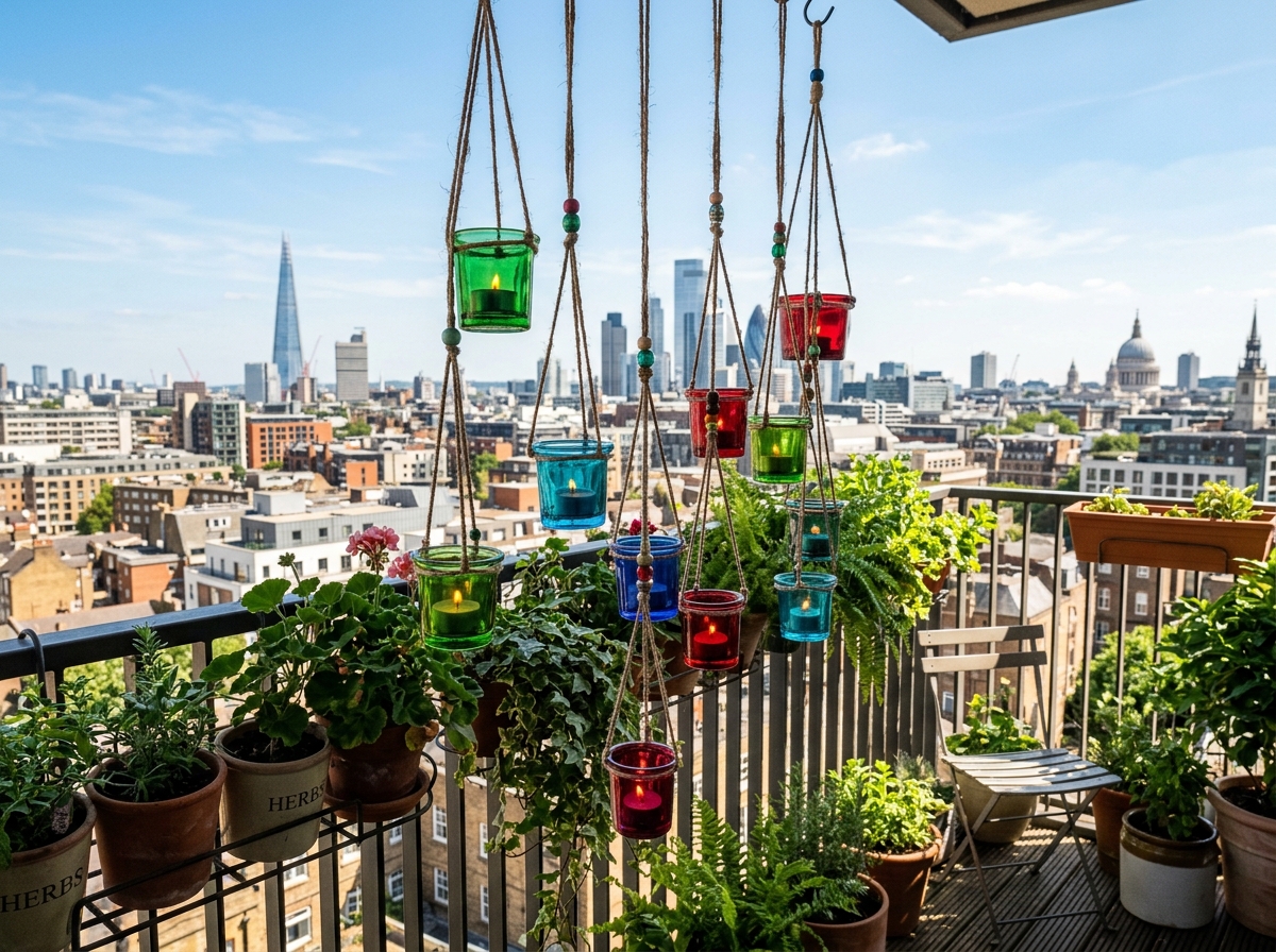 Colorful hanging tealight display on a balcony - balcony candle holder colors Colorful hanging tealight display on a balcony - balcony candle holder colors