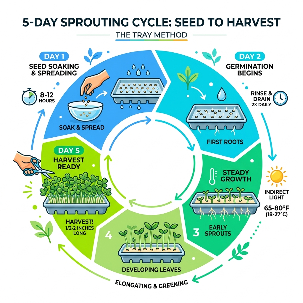 5-day sprouting cycle from seed to harvest infographic - growing sprouts in trays infographic 
