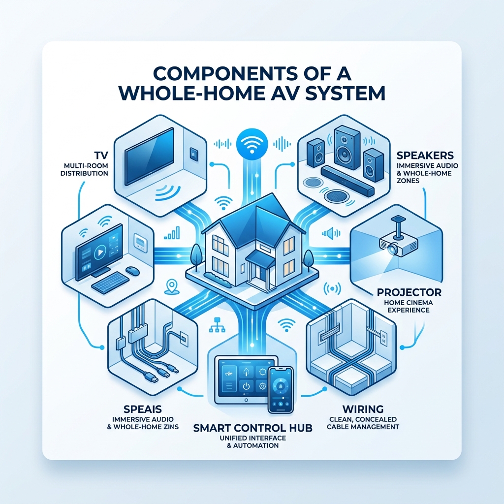 Components of a whole-home AV system including TV, speakers, projector, wiring, and smart control hub - home audio video Components of a whole-home AV system including TV, speakers, projector, wiring, and smart control hub - home audio video