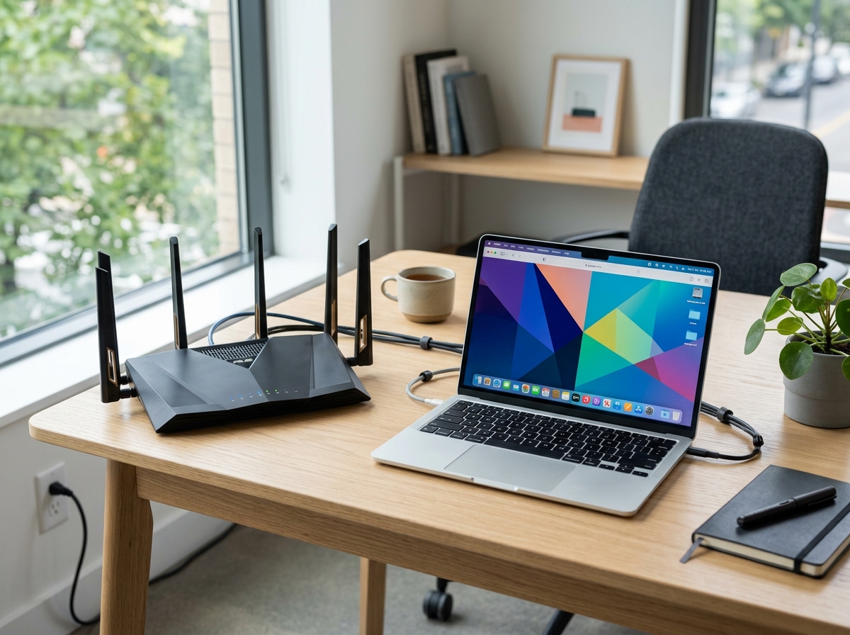 high speed router and sleek laptop on a clean desk - cool things for home office