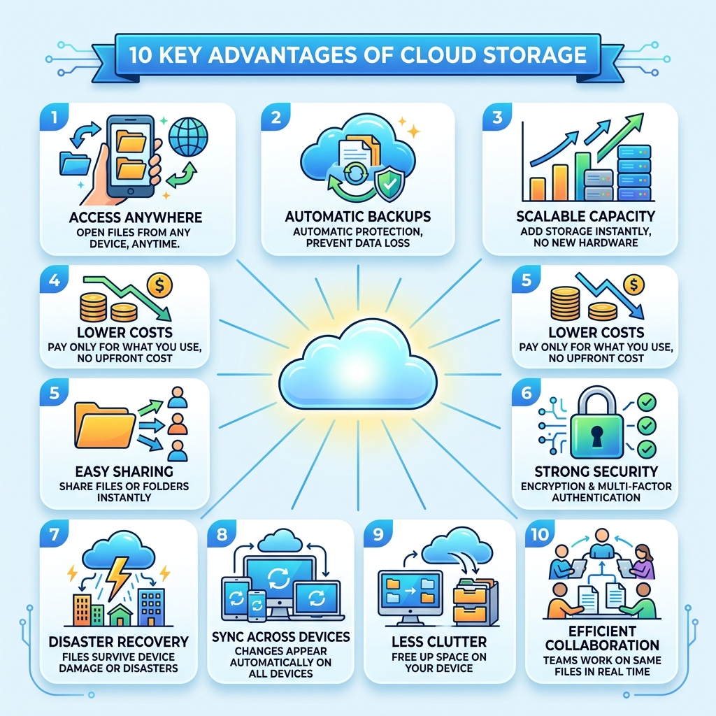 10 key advantages of cloud storage infographic with icons for access, cost, security, scalability - advantages of cloud