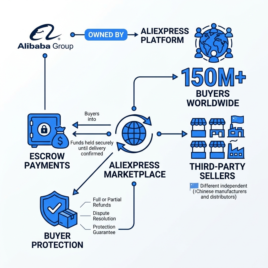 AliExpress marketplace model infographic: Alibaba-owned platform, 150M+ buyers, third-party sellers, escrow payments, Buyer AliExpress marketplace model infographic: Alibaba-owned platform, 150M+ buyers, third-party sellers, escrow payments, Buyer