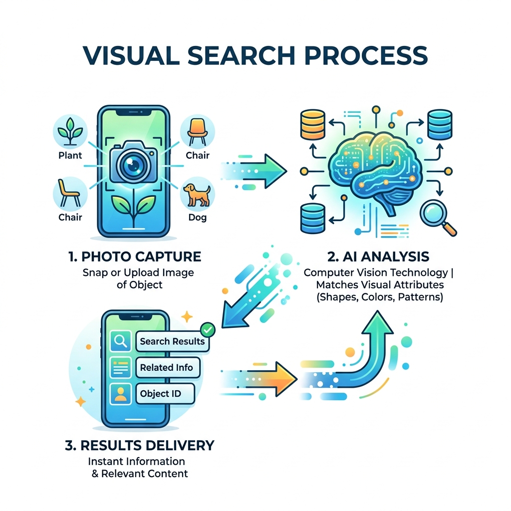 Visual search process: photo capture, AI analysis, results delivery infographic - look up item by picture infographic 