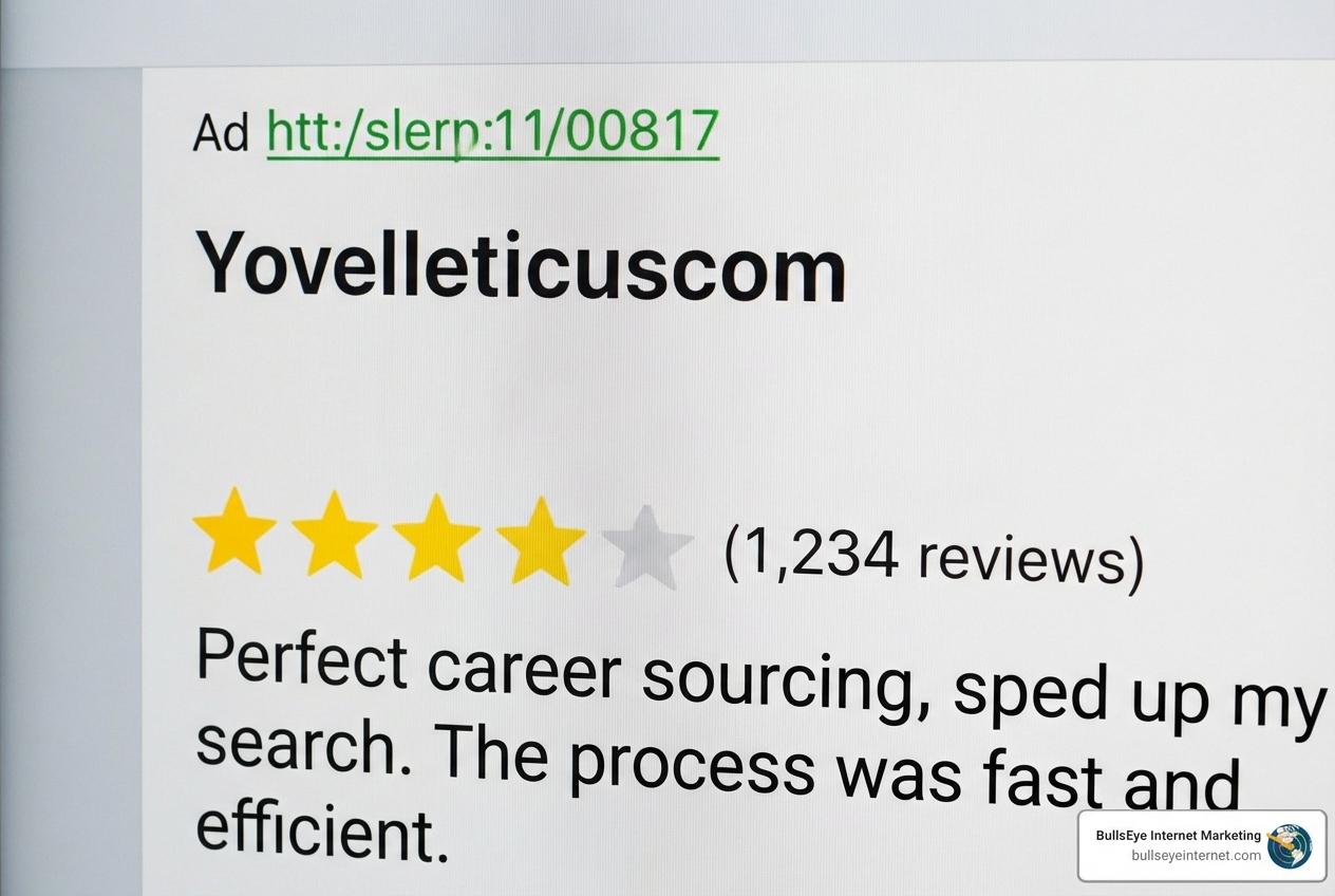Ad showcasing Yovelletticuscom with four-star rating, 1,234 reviews, and positive feedback on efficient career sourcing process.