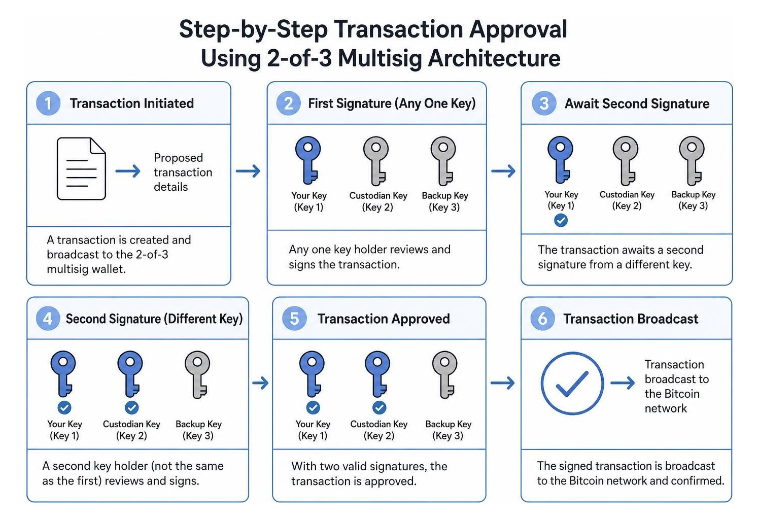 Step-by-step transaction approval process using 2-of-3 multisig architecture Step-by-step transaction approval process using 2-of-3 multisig architecture