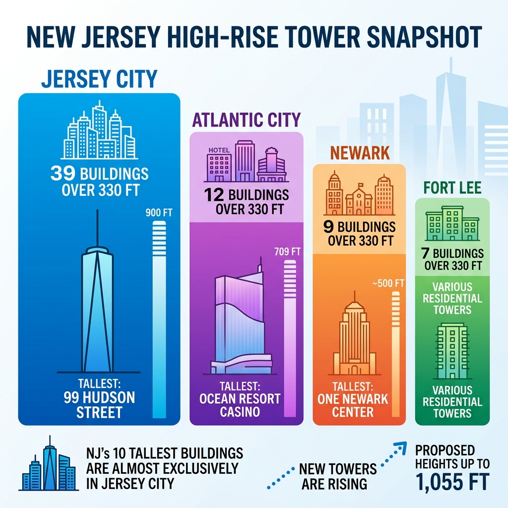Infographic showing concentration of high-rise buildings by New Jersey city, tallest buildings, and heights - new jersey Infographic showing concentration of high-rise buildings by New Jersey city, tallest buildings, and heights - new jersey