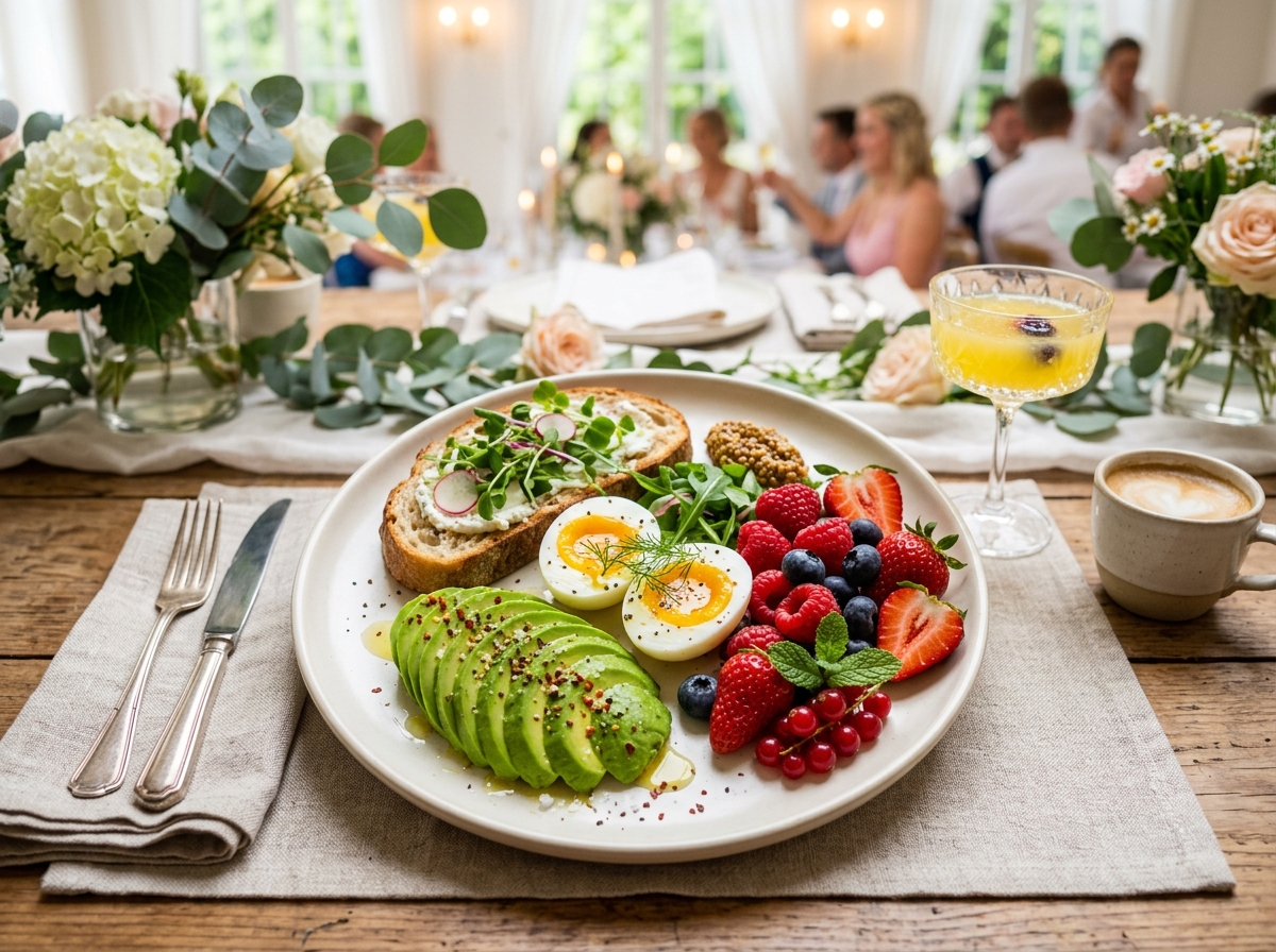 Balanced and photogenic breakfast plate with avocado, eggs, and fresh berries - bridal party breakfast ideas