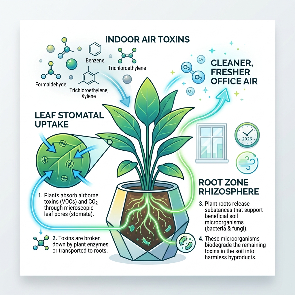 Infographic showing how office plants filter indoor air toxins through leaves and roots - air purifier plants for office Infographic showing how office plants filter indoor air toxins through leaves and roots - air purifier plants for office