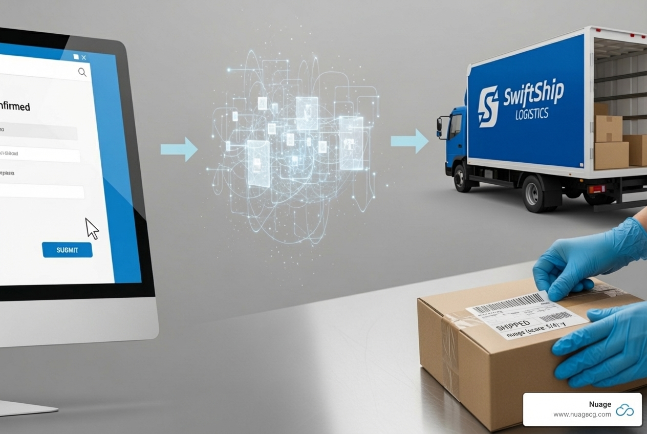 Workflow diagram showing the automated steps from order to delivery - netsuite dhl integration
