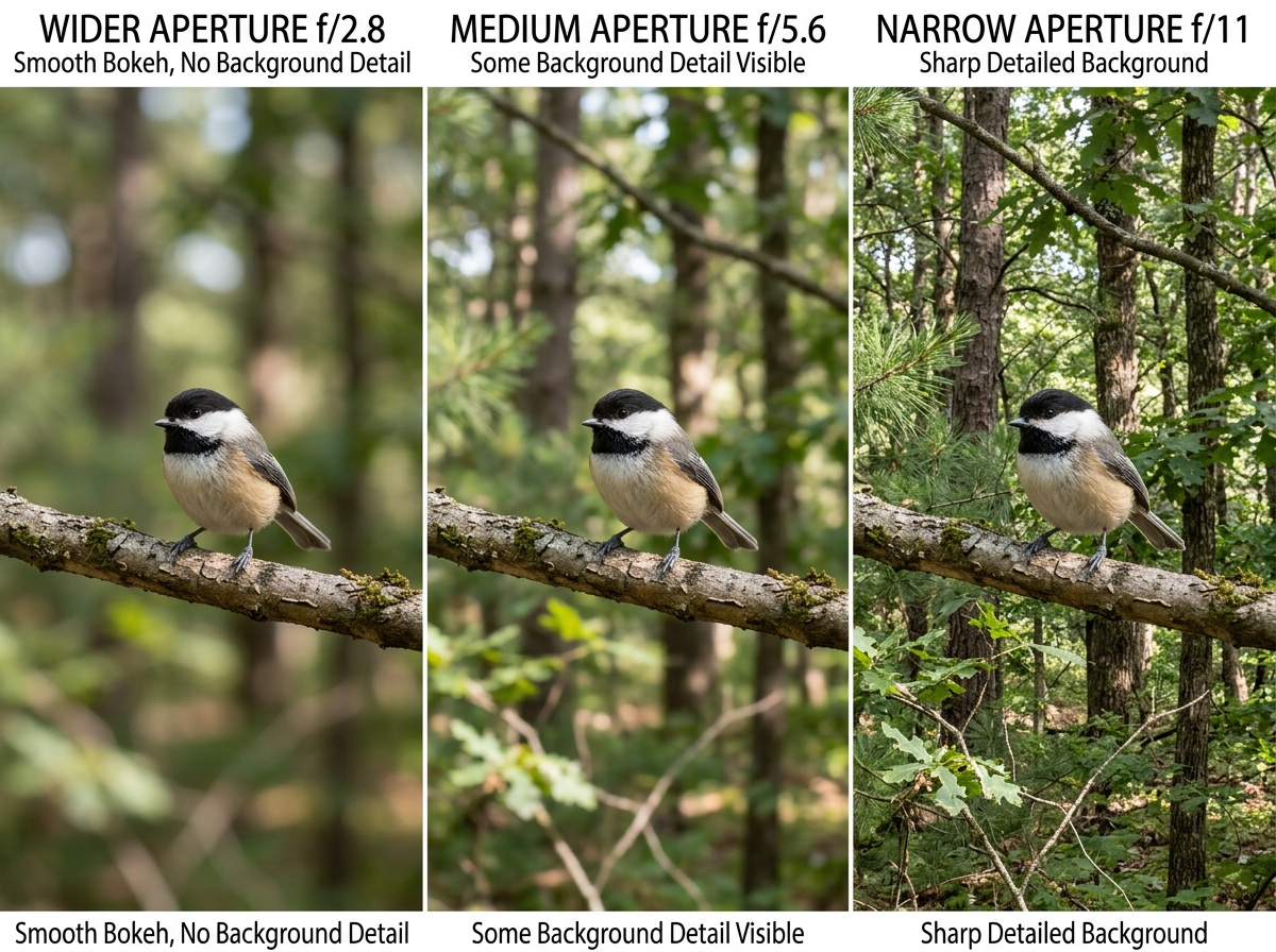 Comparing different aperture settings on a bird perched on a branch - bird photography exposure triangle Comparing different aperture settings on a bird perched on a branch - bird photography exposure triangle
