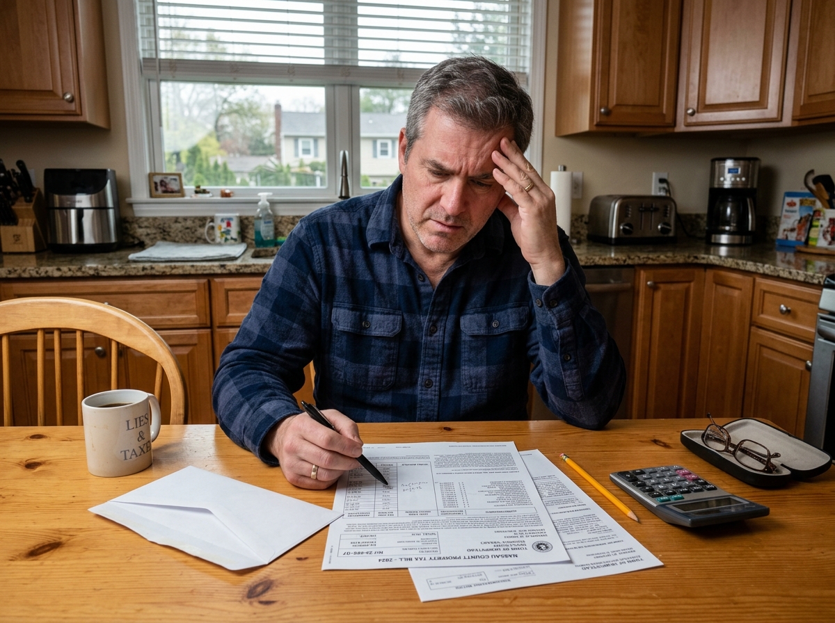 A Long Island homeowner reviewing a confusing property tax bill - property tax dispute services long island A Long Island homeowner reviewing a confusing property tax bill - property tax dispute services long island