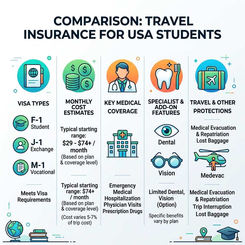 Comparison infographic: travel insurance USA student plans, visa types, monthly costs, and key coverage features - travel