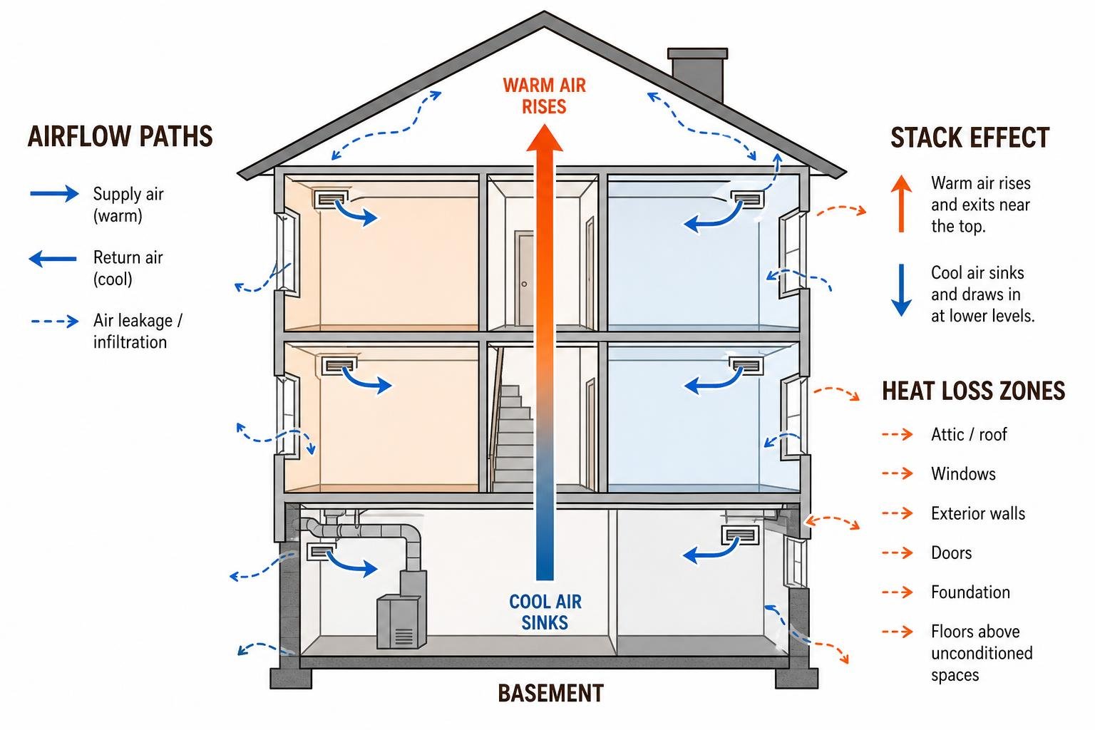 Diagram showing airflow paths, stack effect, and heat loss zones in a multi-story home Diagram showing airflow paths, stack effect, and heat loss zones in a multi-story home