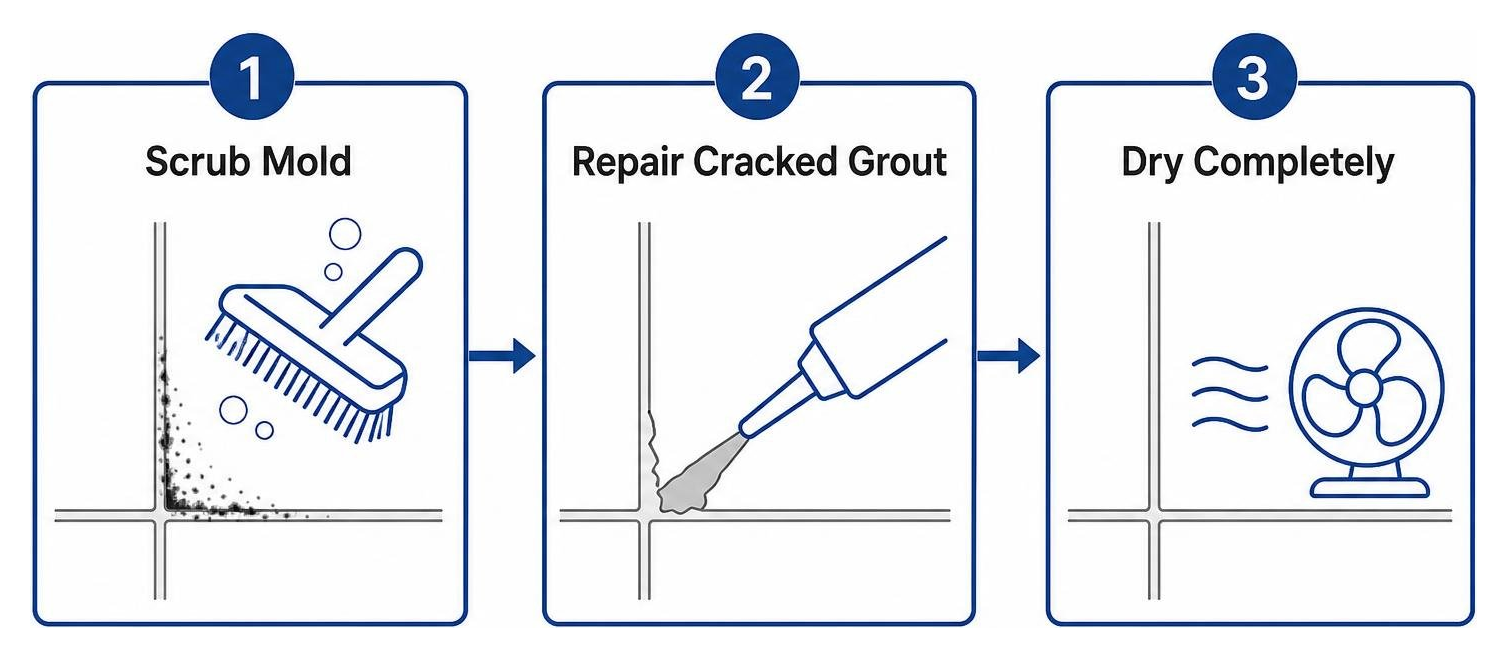 Preparation process diagram: scrub mold, repair cracked grout, dry completely Preparation process diagram: scrub mold, repair cracked grout, dry completely