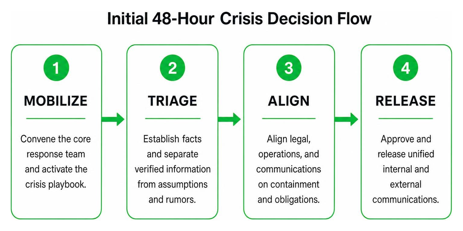 Initial 48-hour crisis decision flow: mobilize, triage, align, release