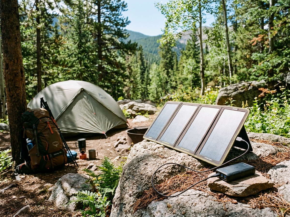 solar panels charging a power bank in camp - hiking solar phone charger