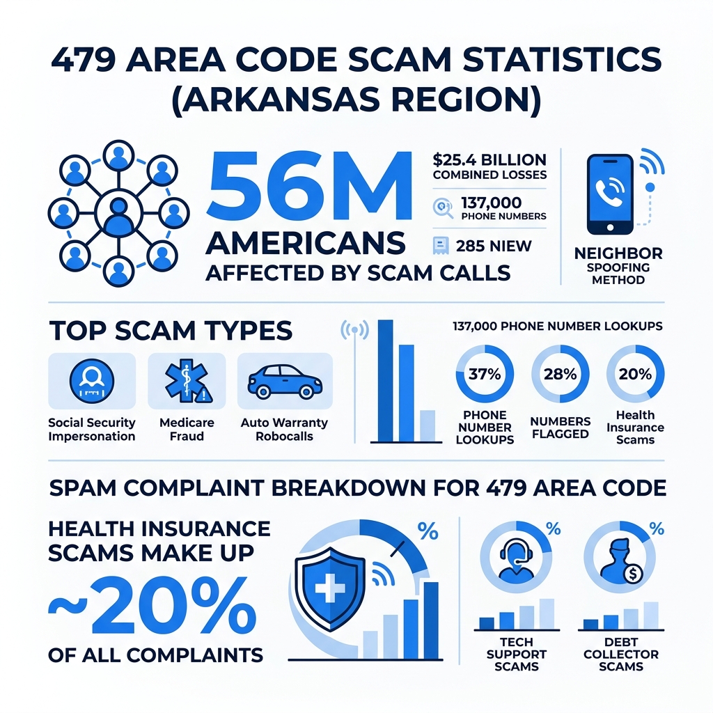 479 area code scam statistics infographic: 56M Americans affected, top scam types, spam complaint breakdown - 479 area code 479 area code scam statistics infographic: 56M Americans affected, top scam types, spam complaint breakdown - 479 area code