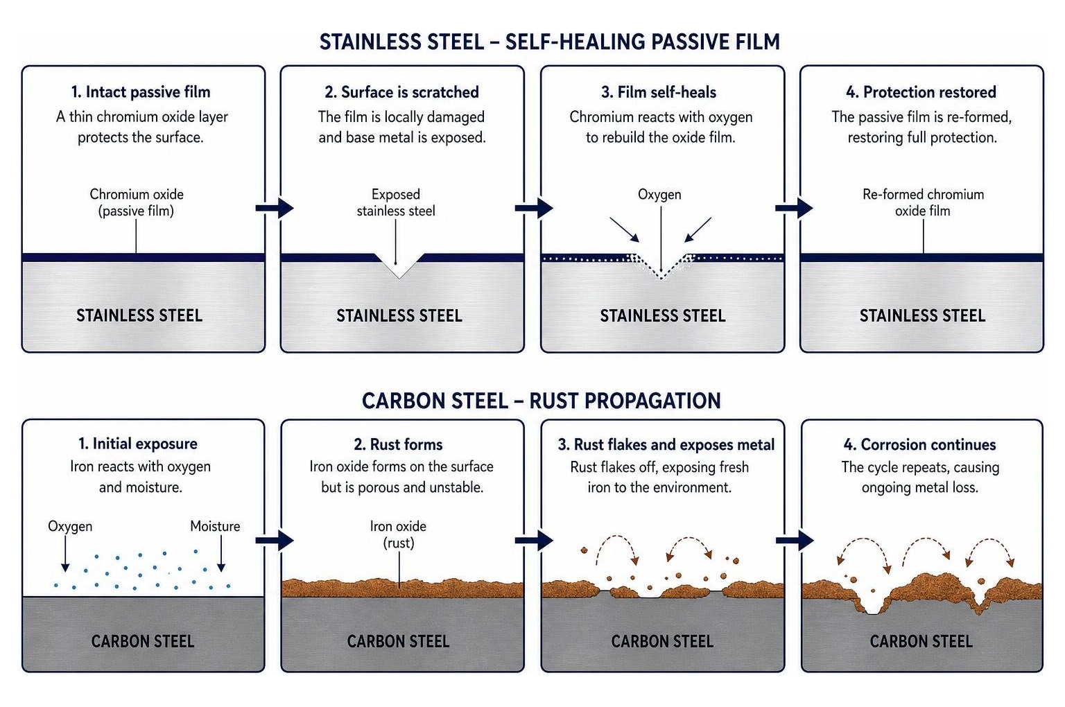 Diagram showing how the passive chromium oxide film self heals in stainless steel compared to rust propagation in carbon