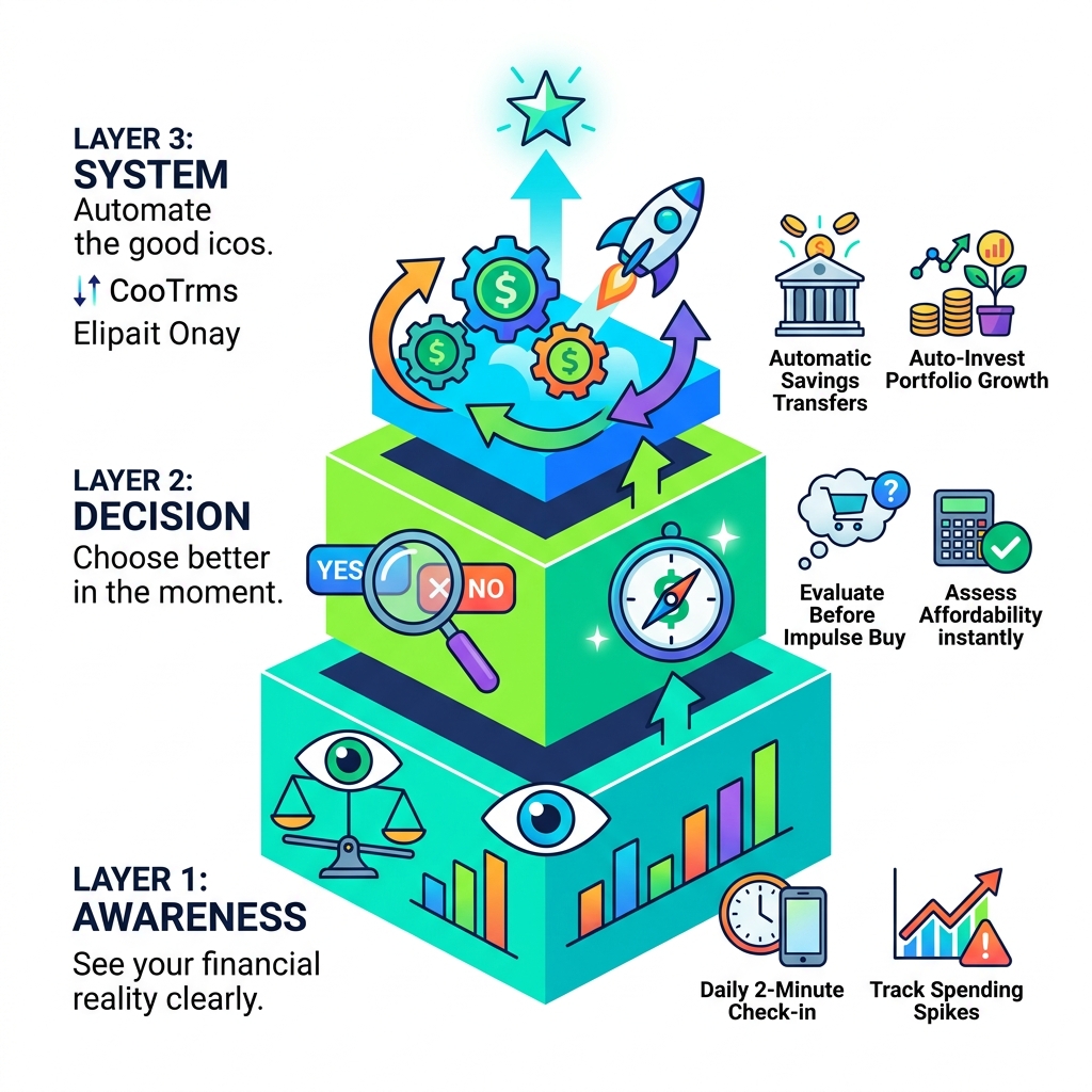 3-layer habit system showing Awareness, Decision, and System with examples for each layer - finmoneyhub routine examples