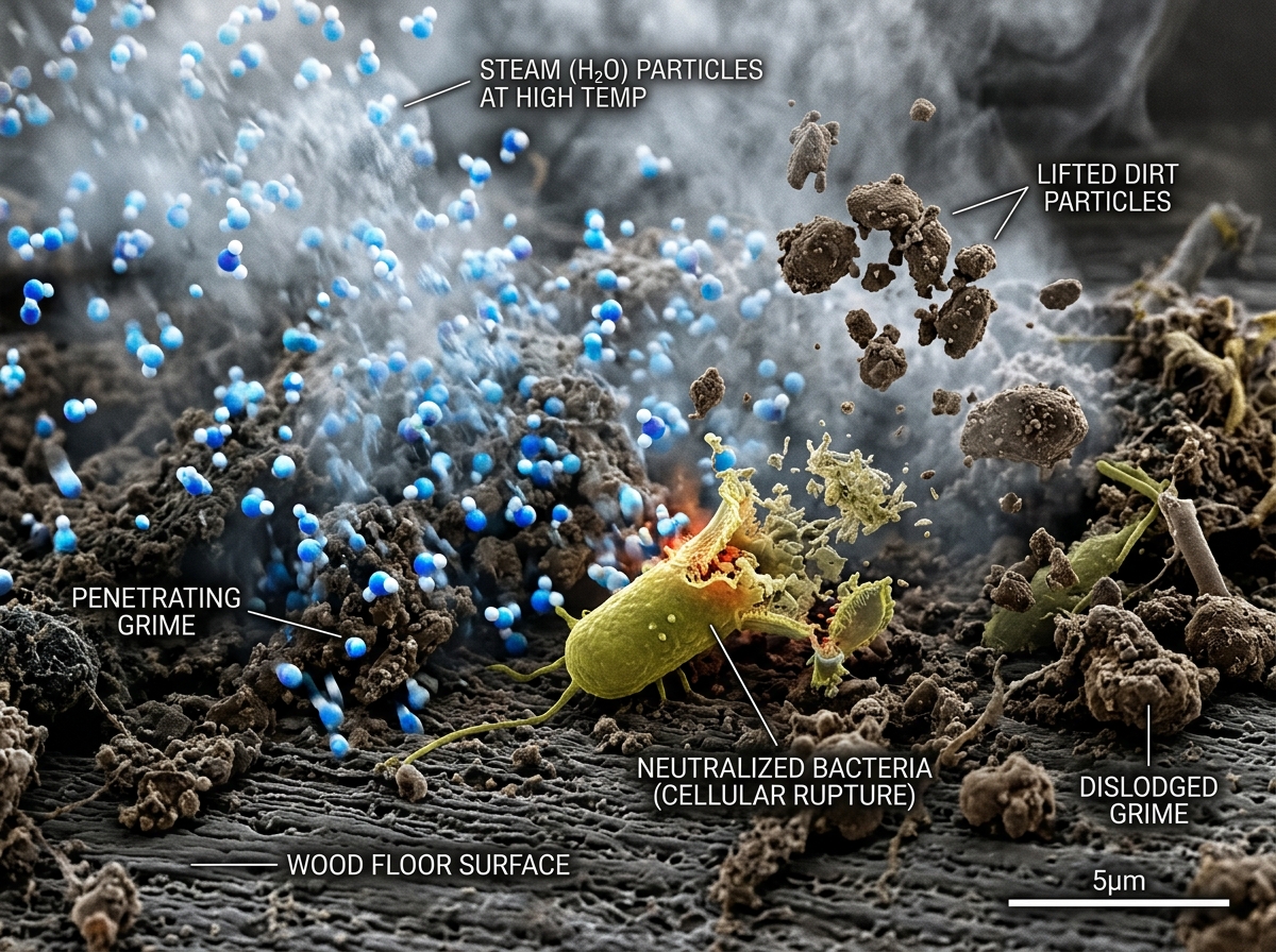Microscopic view of steam particles lifting dirt and neutralizing bacteria - efficient steam mop cleaning